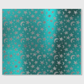 Silver Grey Stars Moon Sky Metallic Greenly Blauwg Cadeaupapier (Vlak)