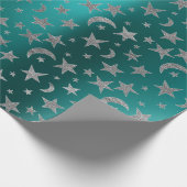 Silver Grey Stars Moon Sky Metallic Greenly Blauwg Cadeaupapier (Hoek)