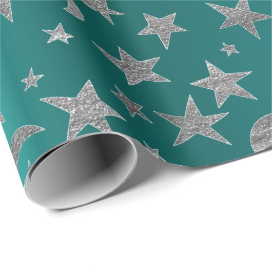 Silver Grey Stars Moon Sky Metallic Greenly Blauwg Cadeaupapier (Rol Hoek)