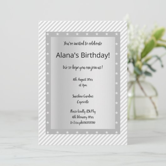 Silver Grey STRIPE STAR-partijuitnodigingen Kaart (Staand voorkant)