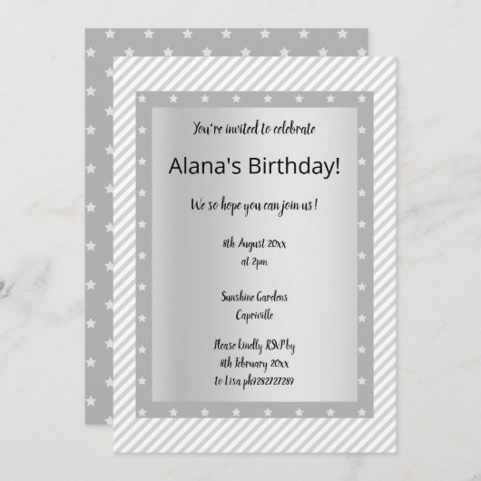 Silver Grey STRIPE STAR-partijuitnodigingen Kaart (Voorkant / Achterkant)