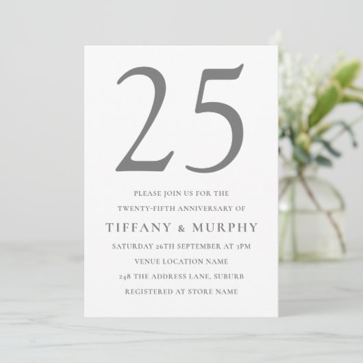 Silver Grey & White 25th Wedding Jubileum Kaart (Staand voorkant)