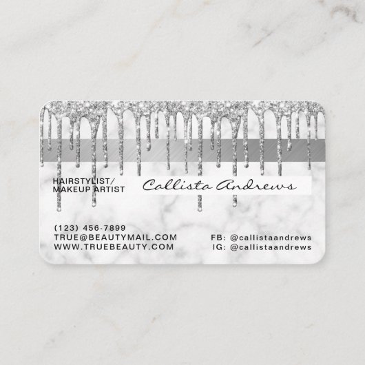Silver Grey White Marble Glitter Drips Credit Visitekaartje (Achterkant)