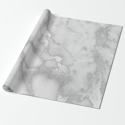 Silver Grey White Marble Metallic Monochromatica Cadeaupapier (Uitgerold)