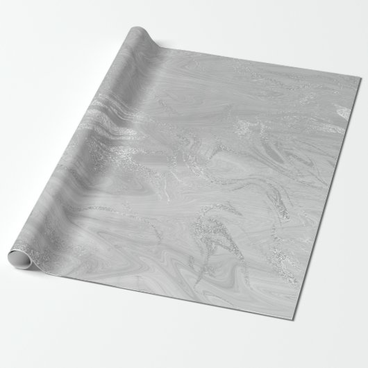 Silver Grey White Marble Molten Metallic Shiny Cadeaupapier (Uitgerold)
