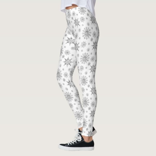 Silver Grey Winter Snowflake Pattern on White Leggings (Links)