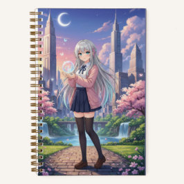 Silver Hair Anime Girl & Glowing Butterfly Orb Notitieboek