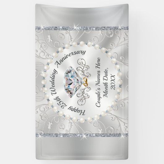 Silver Happy 25th Wedding Jubileum Banners (Verticaal)