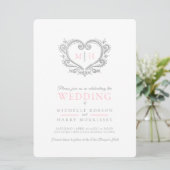Silver-hart bruiloft roze en witte uitnodiging (Staand voorkant)