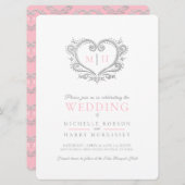 Silver-hart bruiloft roze en witte uitnodiging (Voorkant / Achterkant)