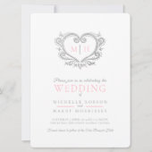 Silver-hart bruiloft roze en witte uitnodiging (Voorkant)