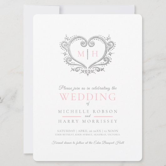 Silver-hart bruiloft roze en witte uitnodiging (Voorkant)