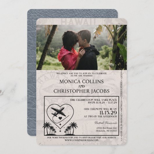 Silver Hawaii Passport Wedding Invitation Kaart (Voorkant / Achterkant)