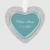 Silver Heart Blauwgroen Baby eerste kerst Ornament (achterkant)