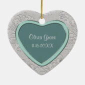 Silver Heart Blauwgroen Zwirl Baby eerste kerst Keramisch Ornament (Achterkant)