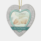 Silver Heart Blauwgroen Zwirl Baby eerste kerst Keramisch Ornament (Links)