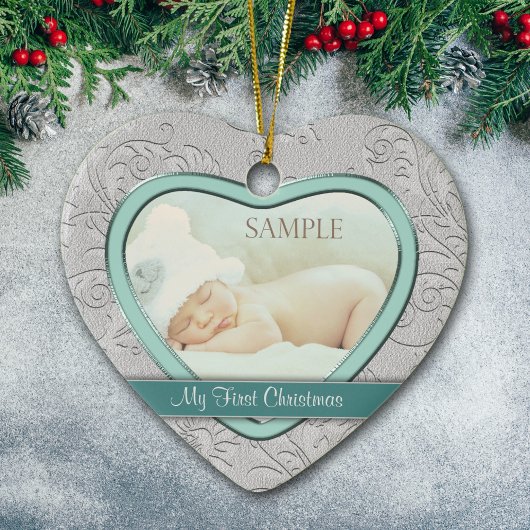 Silver Heart Blauwgroen Zwirl Baby eerste kerst Keramisch Ornament