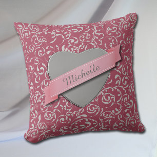 Silver Heart Damask op roze, gepersonaliseerd Kussen
