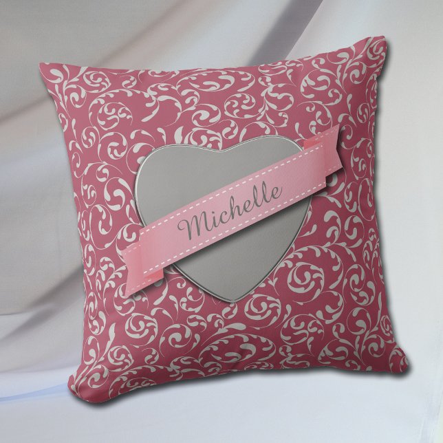 Silver Heart Damask op roze, gepersonaliseerd Kussen (Creator heeft geüpload)
