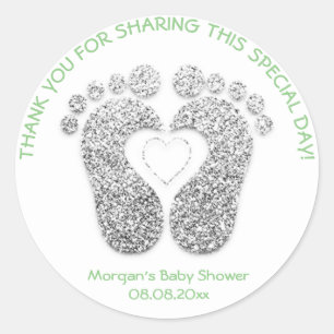 Silver Heart Feet Baby shower Favor Dank Mint Ronde Sticker