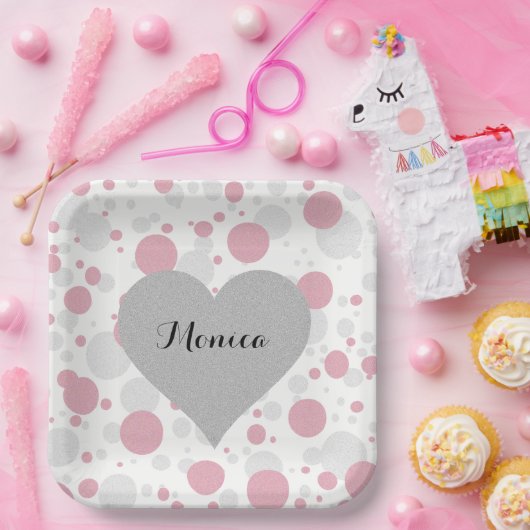 Silver Heart Pink Vrijgezellenfeest Polka Dots Par Papieren Bordje (Feest)