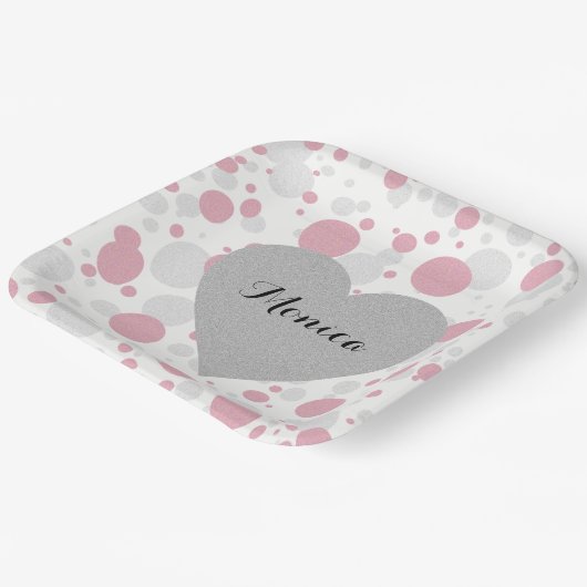 Silver Heart Pink Vrijgezellenfeest Polka Dots Par Papieren Bordje (Gebogen)