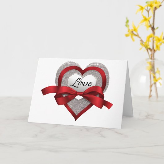 Silver Heart Red Ribbon Love Valentijnsdag Kaart (Gele Bloem)