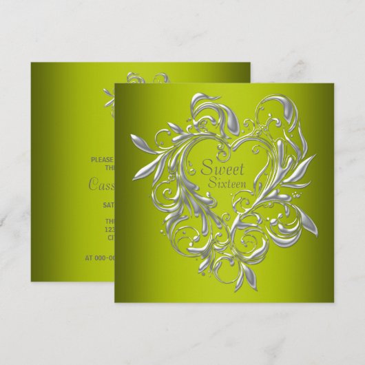 Silver Heart Sage Green Sweet Sixteen Birthday Kaart (Voorkant / Achterkant)