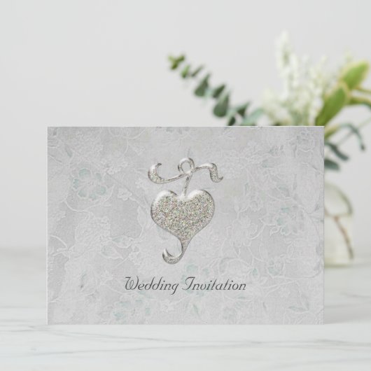 Silver Heart Wedding Invitation Kaart (Staand voorkant)
