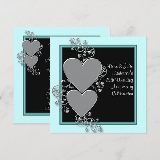 Silver Hearts Blauwgroen Silver 25th Jubileum Part Kaart (Voorkant / Achterkant)