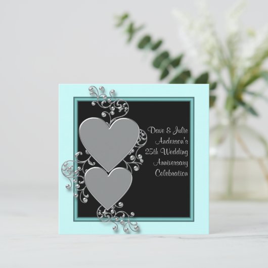 Silver Hearts Blauwgroen Silver 25th Jubileum Part Kaart (Staand voorkant)