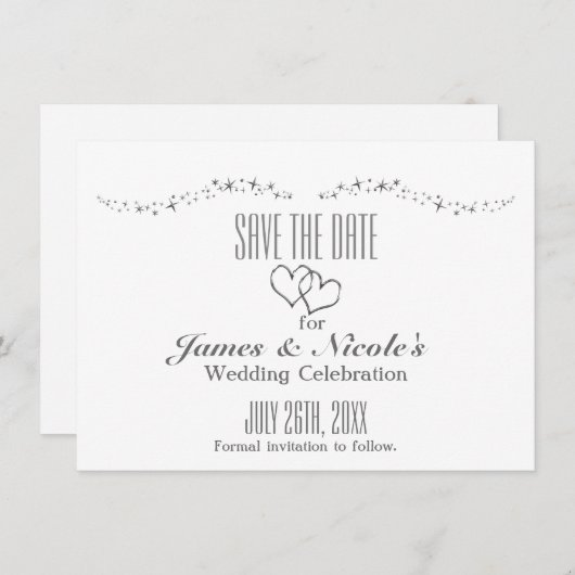 Silver Hearts en Sparkle Wedding sparen de Datum K Save The Date (Voorkant / Achterkant)