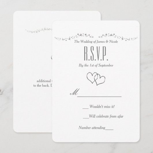 Silver Hearts & Sparkle Wedding RSVP Kaart (Voorkant / Achterkant)