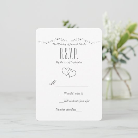 Silver Hearts & Sparkle Wedding RSVP Kaart (Staand voorkant)
