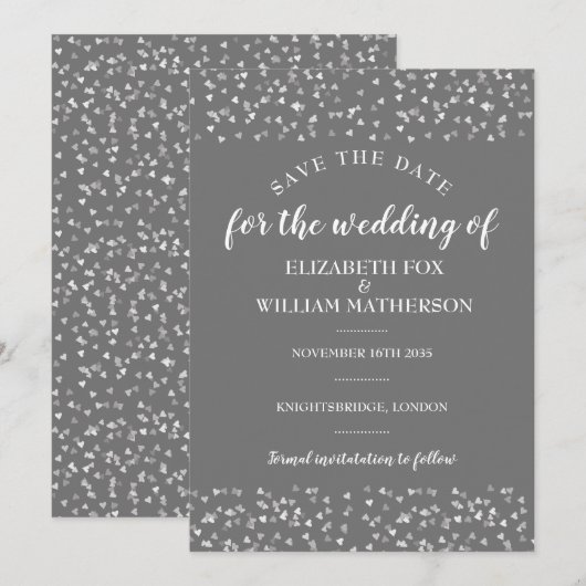 Silver Hearts Wedding Save the Date Kaart (Voorkant / Achterkant)
