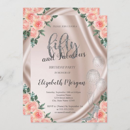 Silver High Heels Rozen 50th Birthday Party Kaart (Voorkant / Achterkant)