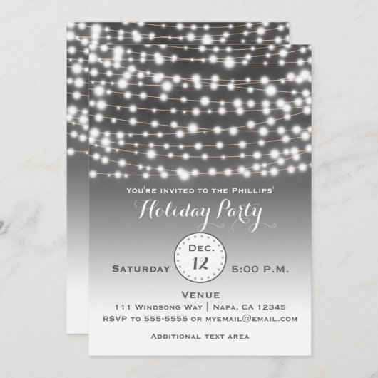 Silver Holiday Christmas String Lights Uitnodiging (Voorkant / Achterkant)