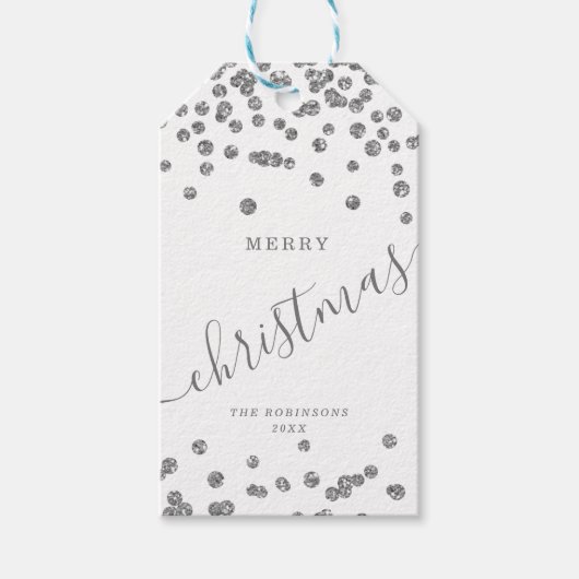 Silver Holiday Kerstmis Glitter Confetti White Cadeaulabel (Voorkant)