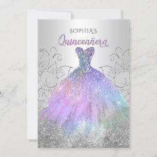 Silver Hologram Glitter Dress Quinceañera Quince Kaart