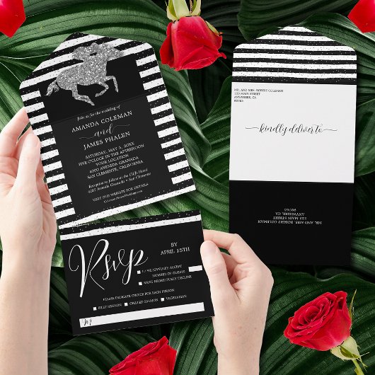 Silver Horse Black White Stripes Wedding All In One Uitnodiging