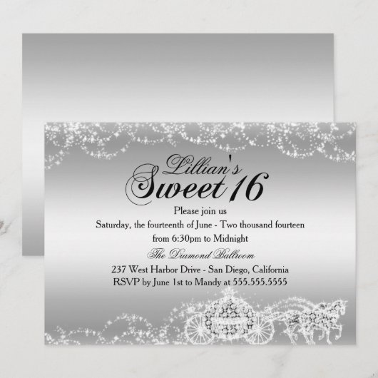 Silver Horse Carriage Princess Sweet 16 Invite Kaart (Voorkant / Achterkant)