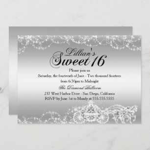 Silver Horse Carriage Princess Sweet 16 Invite Kaart