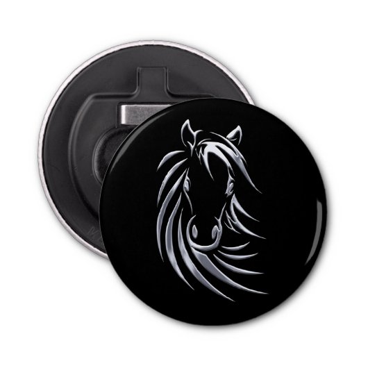 Silver Horse Head op Black Button Flesopener (Voorkant)