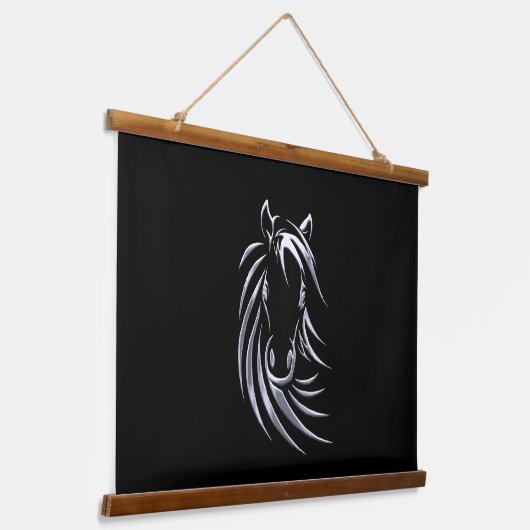 Silver Horse Head op Black Hangend Wandkleed (Gebogen)