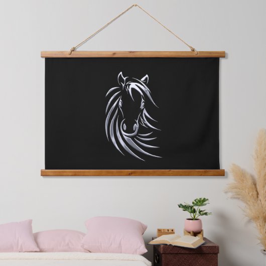 Silver Horse Head op Black Hangend Wandkleed (Slaapkamer)