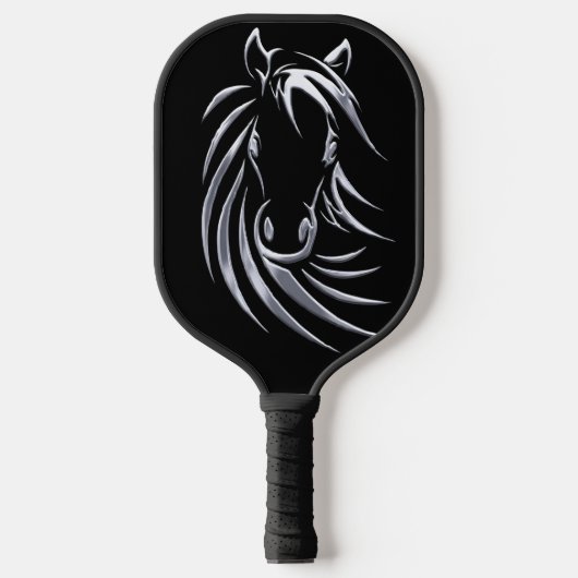 Silver Horse Head op Black Pickleball Paddle (Voorkant)