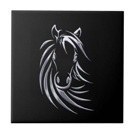 Silver Horse Head op Black Tegeltje (Voorkant)