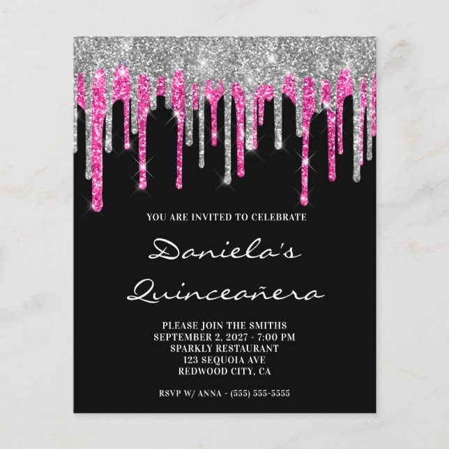 Silver Hot Pink Glitter Drip Quinceañera Invite (Voorkant)