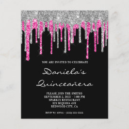 Silver Hot Pink Glitter Drip Quinceañera Invite