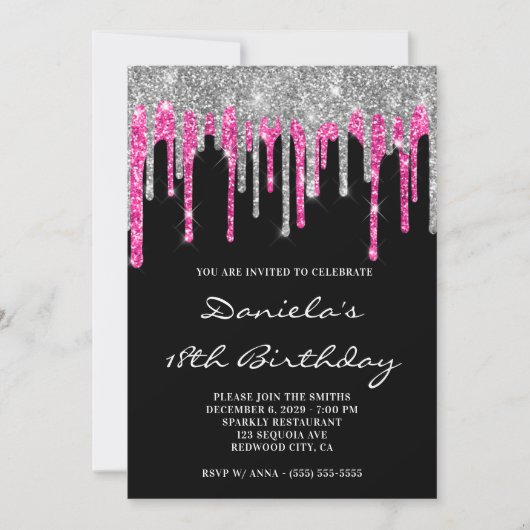 Silver Hot Pink Glitter Drips Black 18th Birthday Kaart (Voorkant)